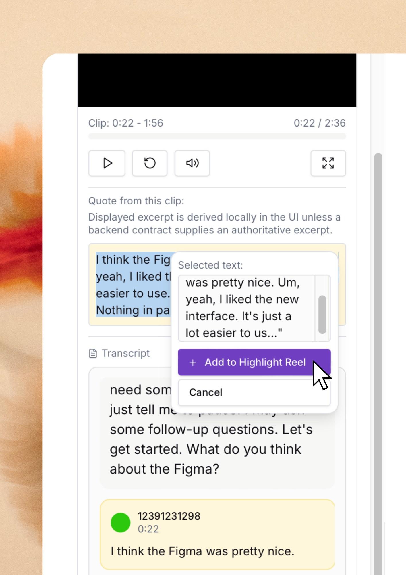 Convo clip player with a highlighted participant quote being added to a highlight reel