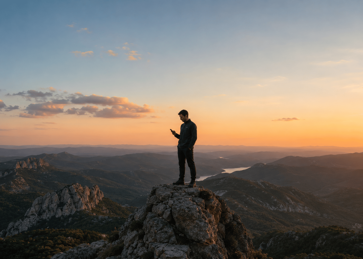 Person standing on a mountain summit at sunset